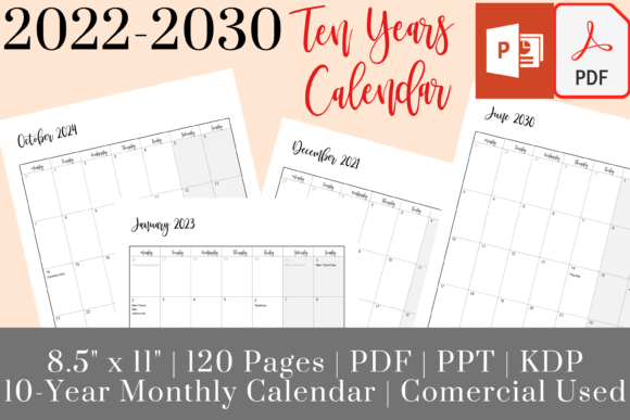 Download 10 Years Calendar, 2022-2030 Monthly KDP - Premium Resources