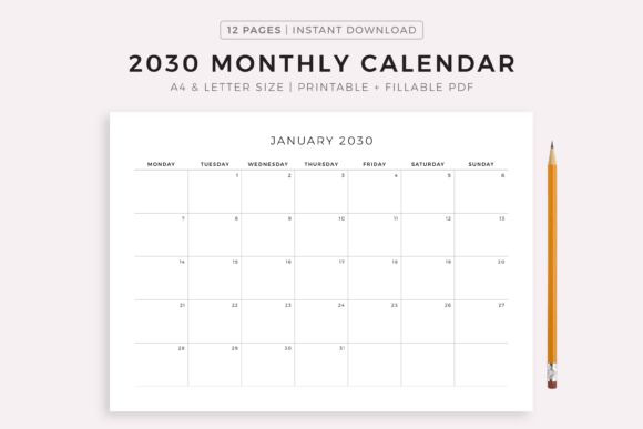 Download 2030 Monthly Calendar, Landscape - 2030 monthly calendar Collection