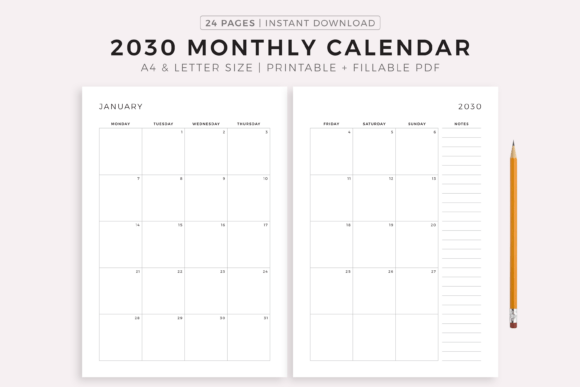 Download 2030 Monthly Calendar on Two Pages - 2030 monthly calendar Collection