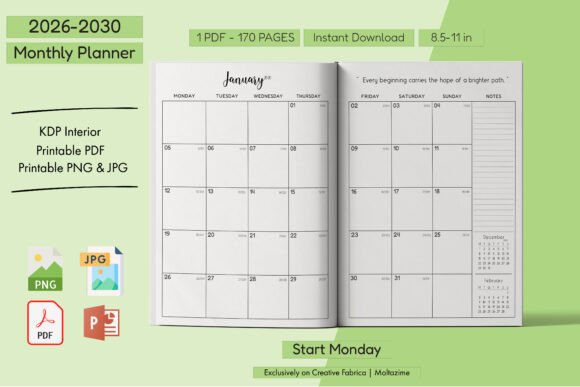 Download 2026–2030 Monthly Planner (Start Monday) - Premium Bundle